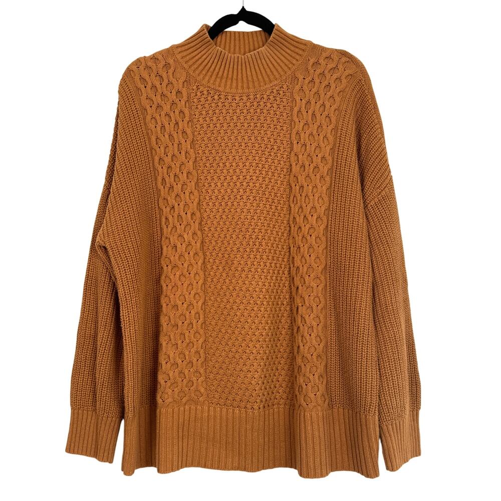 GAP Camel Cable Knit Sweater Women’s Large 100% Cotton Textured Crewneck